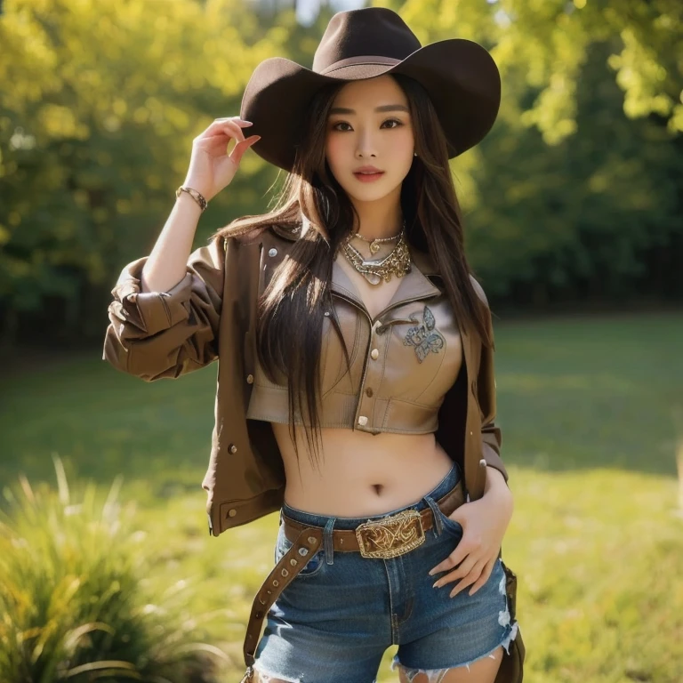 araffed woman with a tattoo on her chest and a หนัง jacket, very aesthetic หนัง jacket, wearing cyberpunk หนัง jacket, หนัง, brown หนัง jacket, in a brown หนัง maxi jacket, wearing a brown หนัง coat, she wears หนัง jacket, short brown หนัง jacket, หนัง jacket, หนัง clothes, นางแบบแฟชั่นผู้หญิงเกาหลี, หนัง clothing, โมเดลจีนที่งดงาม