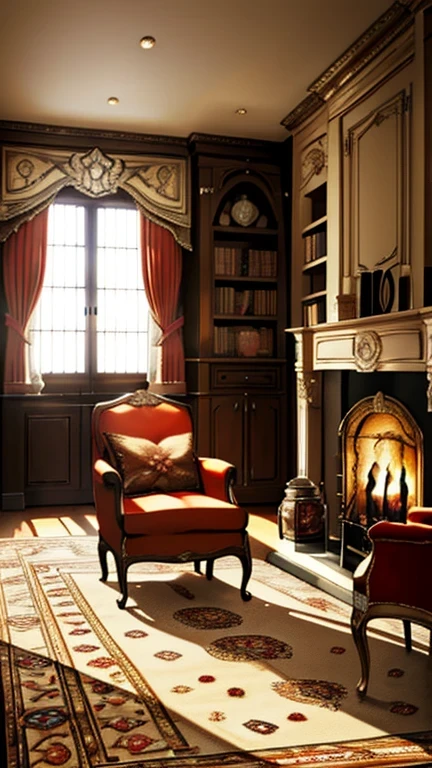fireplace(masterpiece, High resolution, Super detailed:1.0), (study, machine,Bookshelf,French window, Decorations, carpet, fireplace), Color Difference, Depth of written boundary, Dramatic Shadows, Ray Tracing, Highest quality, Cinema Lighting, Official Art