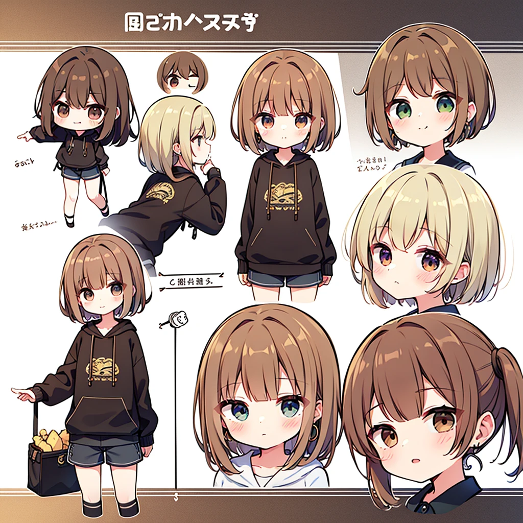 (((chibi))) 1girl、eyes browns、(Short brown hair)、(Short brown hair cacheado)、black jersey、shorts curto、gold hoop earrings、lineart、best qualityer、best details、better art、best colors、Full HD、work of art、illustration、standing alone、good anatomy 