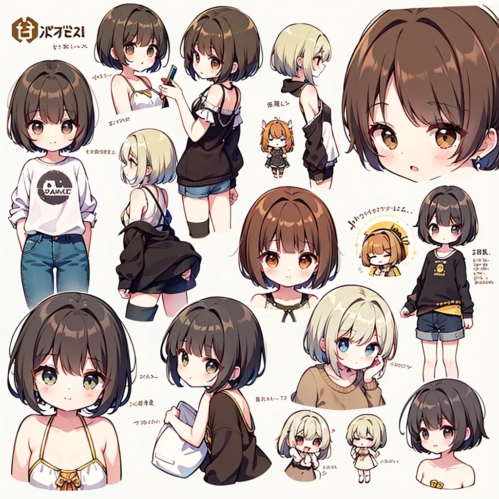 (((chibi))) 1girl、eyes browns、(Short brown hair)、(Short brown hair cacheado)、black jersey、shorts curto、gold hoop earrings、lineart、best qualityer、best details、better art、best colors、Full HD、work of art、illustration、standing alone、good anatomy 