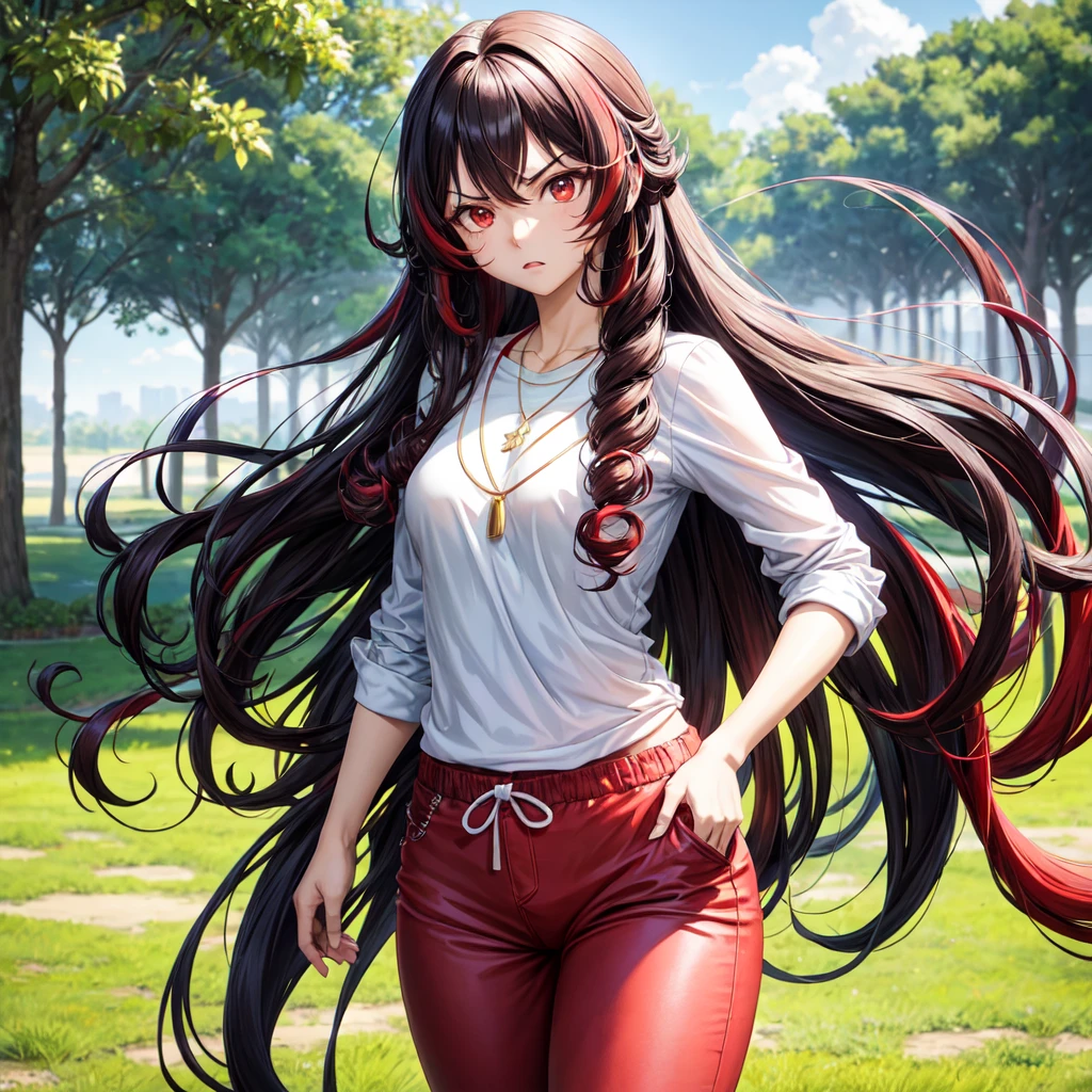 anime panel,upper body, 1girl solo,Korean, long curly hair,black curly hair,curly hair, with red highlights , red slanted eyes, casual clothes, necklace, park background , angry , looking at the viewer