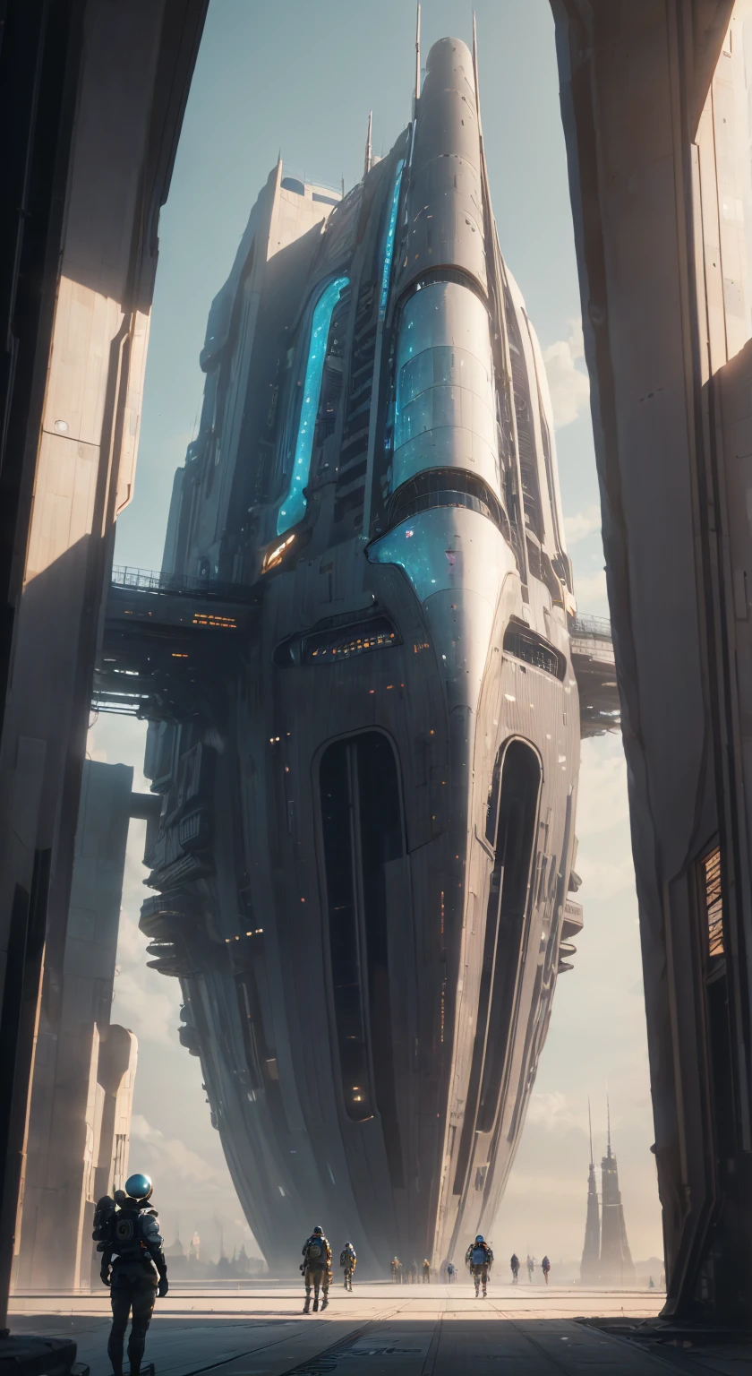 (Best Quality, 4k, ultra detailed, high resolution, Masterpiece: 1.2),(wide angle, Character in the distance standing in a futuristic building:1.5), There is a character seen from afar, located on a high observation point:1.4. It is small compared to the surroundings., highlighting the magnitude of the ship. The character is equipped with a space suit:1.5, with flashing lights and mechanical details. view of outer space: Through the ship&#39;s openings, you see a vast starry space. The stars are unevenly distributed., creating variable densities and suggesting the remoteness of some celestial objects.(raw photo, Best Quality, Masterpiece, photorealistic, of the highest quality, Maximum image quality, high resolution, 8k, HD:1.2), vibrant, ethereal lighting, sharp focus, ultra detailed,((Extremely detailed 8k unified CG wallpaper)), surreal and dreamlike textures, magical and mysterious essence, unexplored and undiscovered wonders, sculptural and abstract elements, transcendent composition, visual effects, photorealistic, digital composition master class