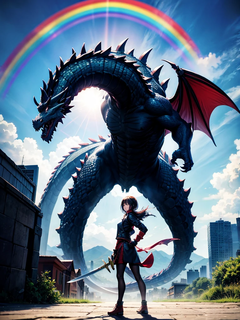 Highest quality,Highest Resolution,１People Girls,Fighting a big dragon,Holding a sword,rainbow,city,