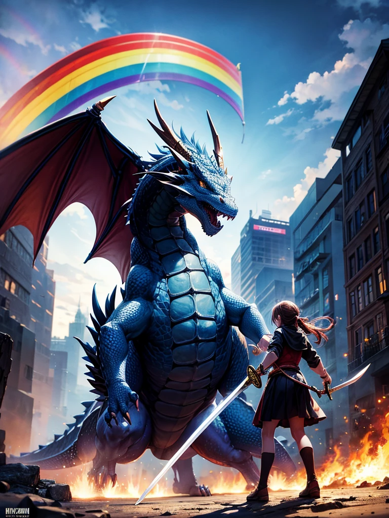 Highest quality,Highest Resolution,１People Girls,Fighting a big dragon,Holding a sword,rainbow,city,