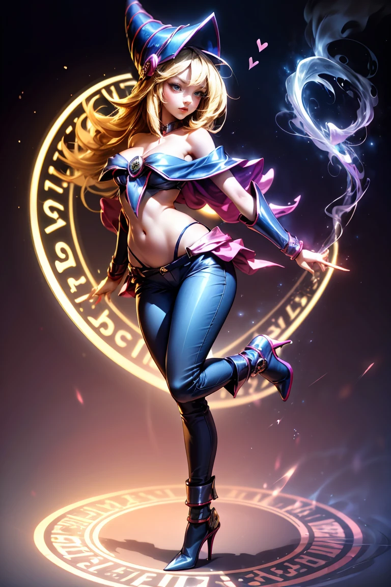 dark magician gils, with high-heels. pants, sexy, Subjective and sensual pose. magic background. Magical heart in the air. magic circle