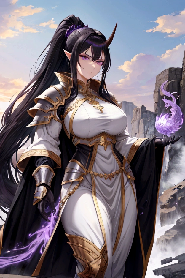An adult tall woman, a war goddess, black hair with gray streaks, high ponytail, purple eyes, dragon horns and tail, divine light, muscular physique, white divine clothes, indifferent gaze, armor elements