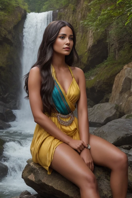 a woman sitting on a rock near a waterfall in a dress, beautiful character painting, Beautiful lady, Pocahontas, Magali Villeneuve&#39;, zenoscope, tyler edlin fantasy, retrato de Pocahontas, realistic fantasy painting, hyperrealistic fantasy art, retrato de un joven Pocahontas, Realistic fantasy artwork., inspired by Greg Hildebrandt