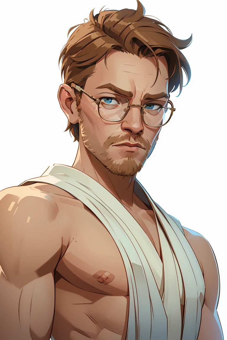 Young Obi Wan Kenobi played by the actor Ewan McGregor from the Star Wars Episode 3, 1male, 4k, highly detailed, slim, ((short hair)), (upper body portrait), ((nude)), (plain white background, flat lighting), wearing rimless glasses