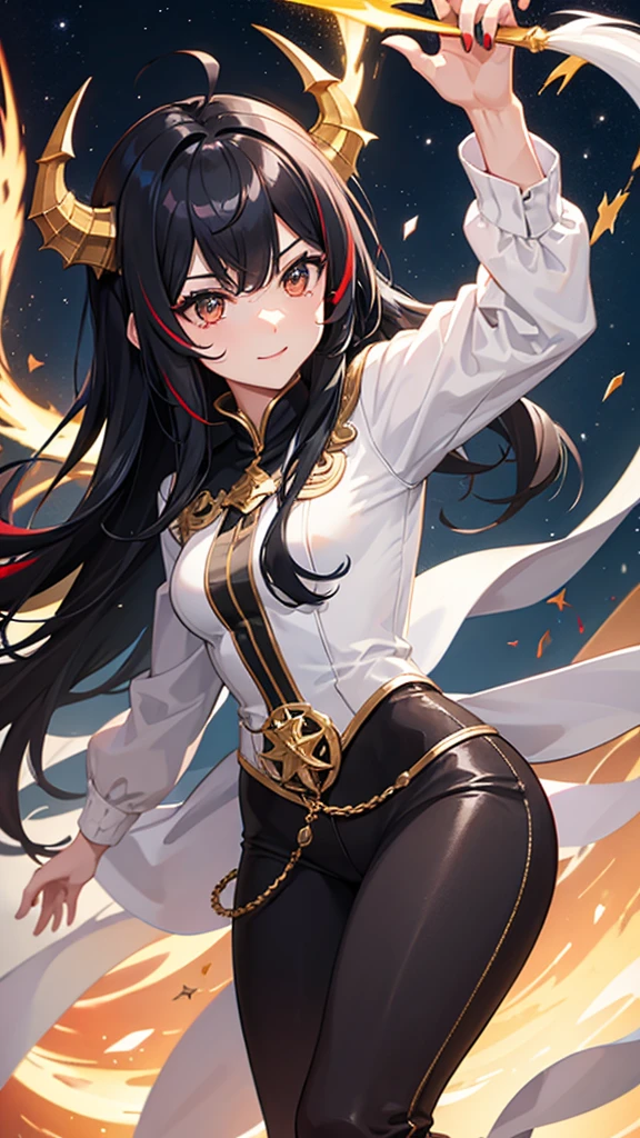 with a dragon appearance and black hair and a white streak, and star details