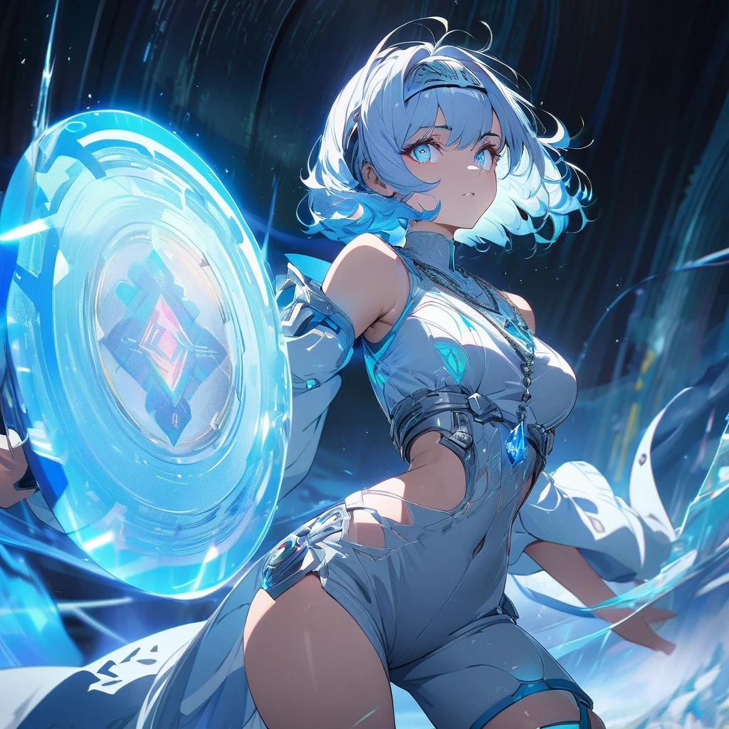 Create an image of a gentle girl with short, silvery-blue hair wearing a fitted, high-collar, long-sleeved shirt with glowing runic patterns, slim-fit cargo pants, fingerless gloves with LED strips, articulated knee guards, and sturdy, glowing-trim combat boots; she has a high-tech headband, (nude:0.8) a silver necklace with a crystal pendant, and a wrist-mounted holographic projector, and she is generating a large, translucent energy shield with intricate, glowing blue patterns, standing in a dynamic yet gentle pose with a dark, dramatic background illuminated by blue light and energy waves, detailed gorgeous face| anime style| key visual| intricate detail| highly detailed| breathtaking| vibrant| panoramic| cinematic| Carne Griffiths| Conrad Roset| gibbli 8
