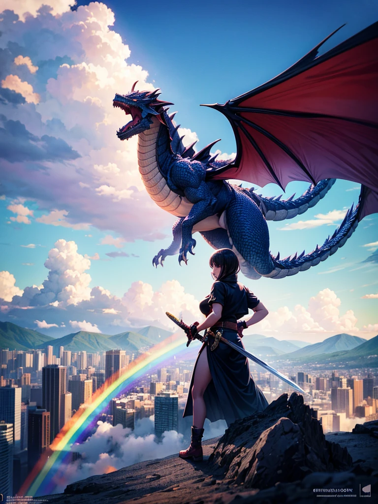 Highest quality,Highest Resolution,１People Girls,Fighting a big dragon,Holding a sword,rainbow,city,
