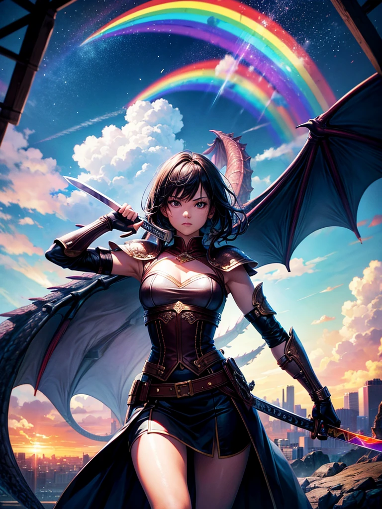 Highest quality,Highest Resolution,１People Girls,Fighting a big dragon,Holding a sword,rainbow,city,
