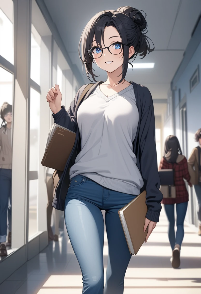 Adult female, highly detailed, glasses, short and messy black hair tied back, blue eyes, smile, crowded college hallway, cardigan, jeans, perfect eyes, high quality, best quality, walking, holding books