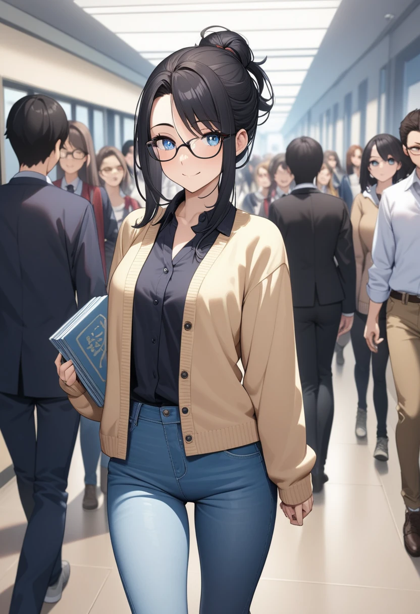 Adult female, highly detailed, glasses, short and messy black hair tied back, blue eyes, smile, crowded college hallway, cardigan, jeans, perfect eyes, high quality, best quality, walking, holding books