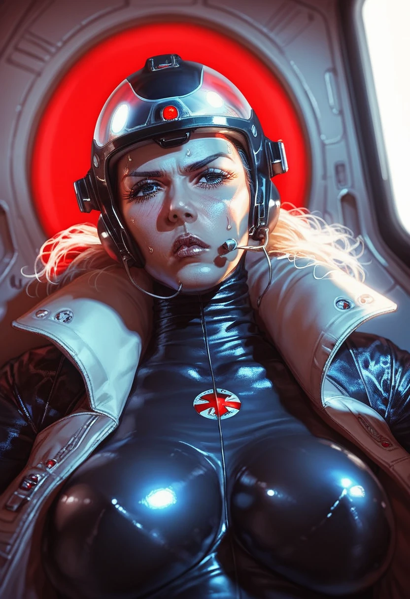 score_9, score_8_up, score_7_up, ((gothic vampire woman piloting in gothic spacecraft)), vampiric cockpit, (from below), front view, (120 fov), (iridescent bodysuit), lace accessories, ((pilot seat)), (((lying back) pose)), mature female, ((elegant)), (((serious tone))), futuristic, [blushing], sweat, ((claustrophobic)), pilot helmet, ((hands on controls)), dramatic red lighting, shadow