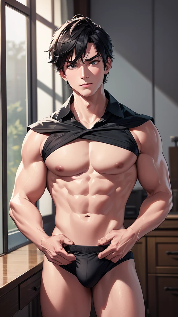 (8K, HDR, best quality, highres, most absurd:1.2), specular lighting, Photonenmapping, Radiosity, 基于物理的渲染, only in short white underpants, Big muscles, broad shoulders, short black hair, raised chest, [grins arrogantly], in bedroom, 30 years old, diamond-shaped broad face, bad boy