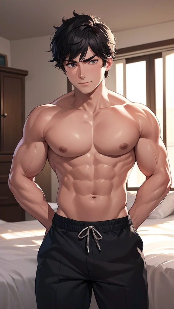 (8K, HDR, best quality, highres, most absurd:1.2), specular lighting, Photonenmapping, Radiosity, 基于物理的渲染, only in short white underpants, Big muscles, broad shoulders, short black hair, raised chest, [grins arrogantly], in bedroom, 30 years old, diamond-shaped broad face, bad boy