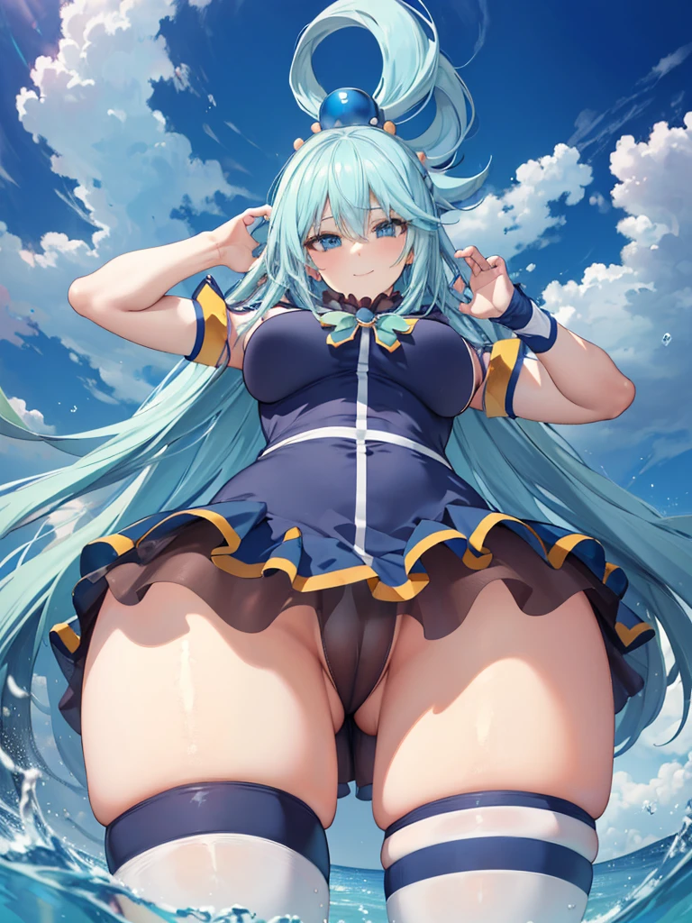 (Best quality)), ((masterpiece)), (Very detailed), A high resolution, perfect face, , attractive, looks at the viewer, smile, ((8 thousand.)), Mid thighs, big , Aqua Konosuba, behind, a gift, spreads the  with his hands, nice , dynamic angle,(from below:1.5),perfect , Visible , no panties