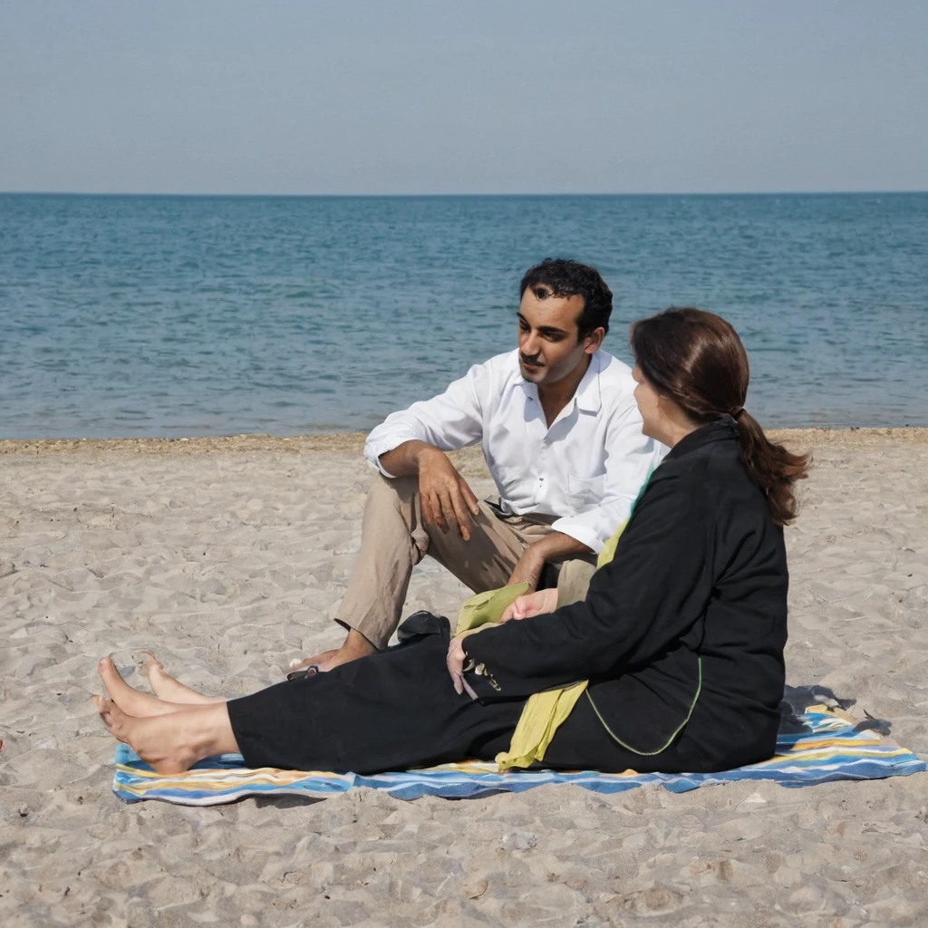 Arab man sitting with a German woman at beach
