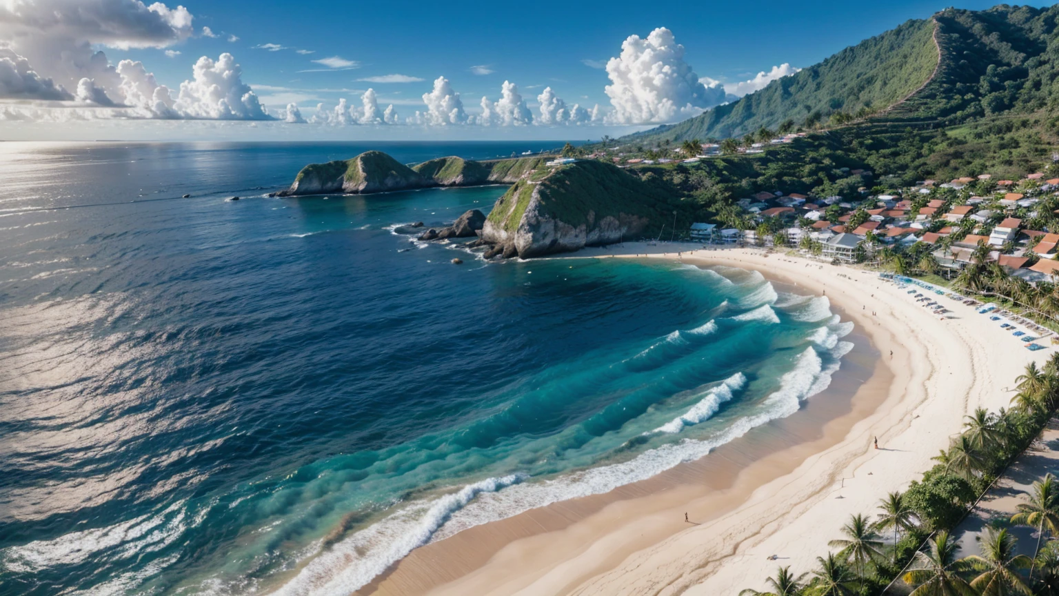 Seen from above, from a paradisiacal beach, many coconut trees, with big waves and surfers.