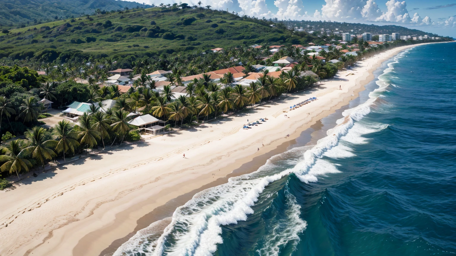 Seen from above, from a paradisiacal beach, many coconut trees, with big waves and surfers.