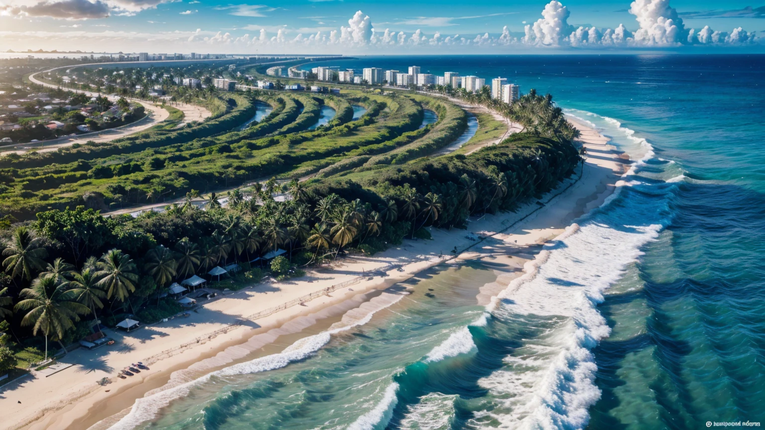 Seen from above, from a paradisiacal beach, many coconut trees, with big waves and surfers.