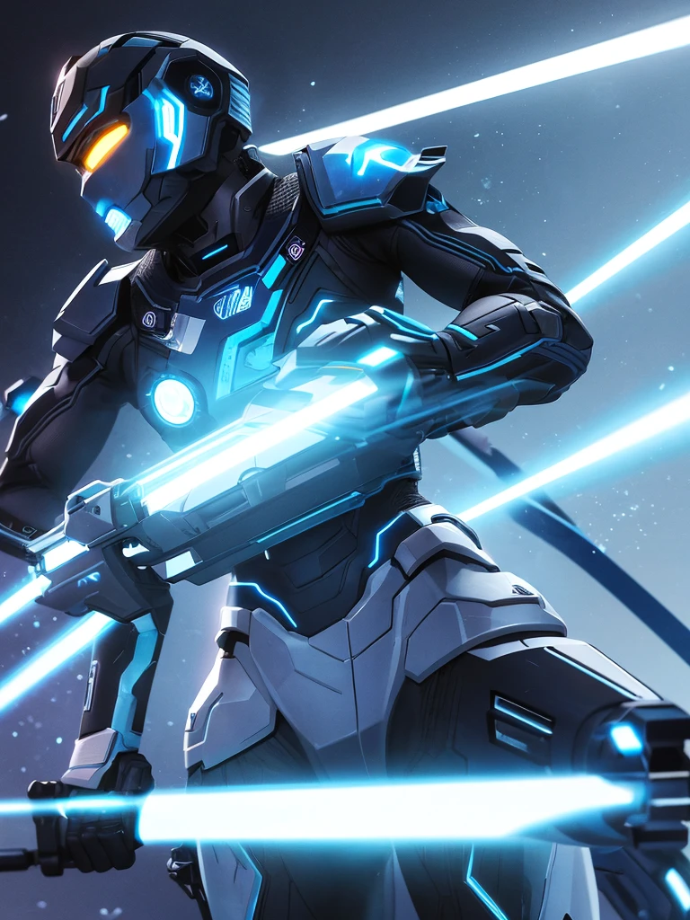 Futuristic man with dark blue neon lights on a dark background and with a lethal firearm with determined expression