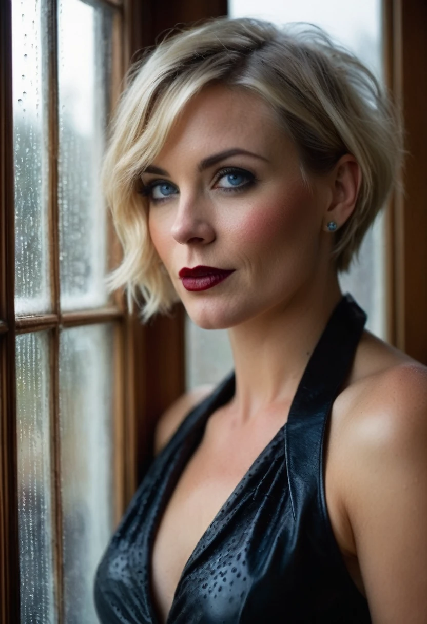 ((RAW full body Photograph)), beautiful, elegant, femme fatale, fascinating, long slim legs, American blonde lady, very feminine voluptuous busty round 50yo lady. ((Face leaning against an ancient English window)), ((thunderstorm lightning, raindrops on glass cast shadows on her face, a cucoloris patterned illumination casting raindrops shadow on her face)). Very strict, upset, authoritative, ((very candid expression)), ultra short pixie haircut, big deep blue eyes, penetrating gaze, evident detailed face skin imperfections: wrinkles, freckles, pores. sexy fetish leather straps, buckles, hold-ups and garter belts, rich classy jewelry, martial pose, insane intricate detail, classy elegant mansion, low candle lights, intimate calm atmosphere, ((very dark gothic makeup with dark red lips)), award winning art, ((full body framing)), raytracing, sharp focus, bokeh, 8k, hdr, masterpiece, photography, dslr, kodachrome, 35mm photograph, analog film, professional, highly detailed, ultra low angle side viewe male,