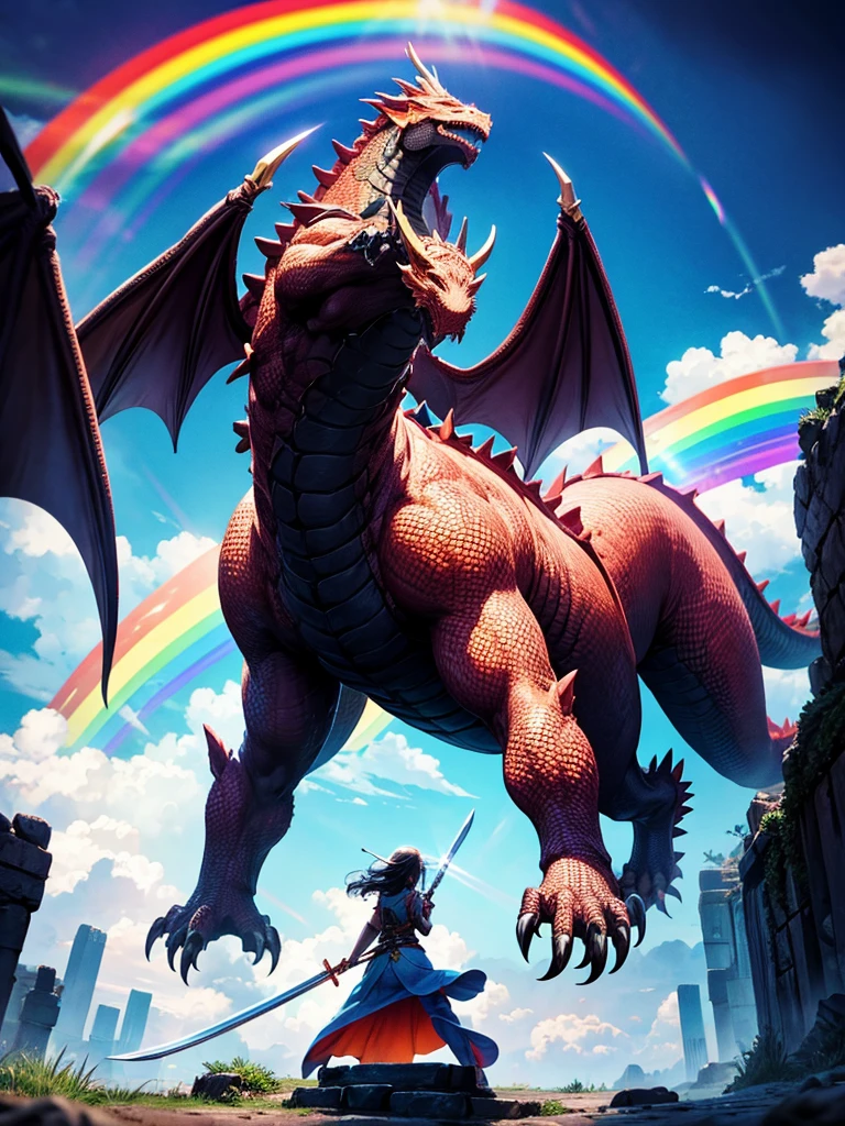 Highest quality,Highest Resolution,１People Girls,Fighting a big dragon,Holding a sword,Rainbow in the sky,Ancient City,