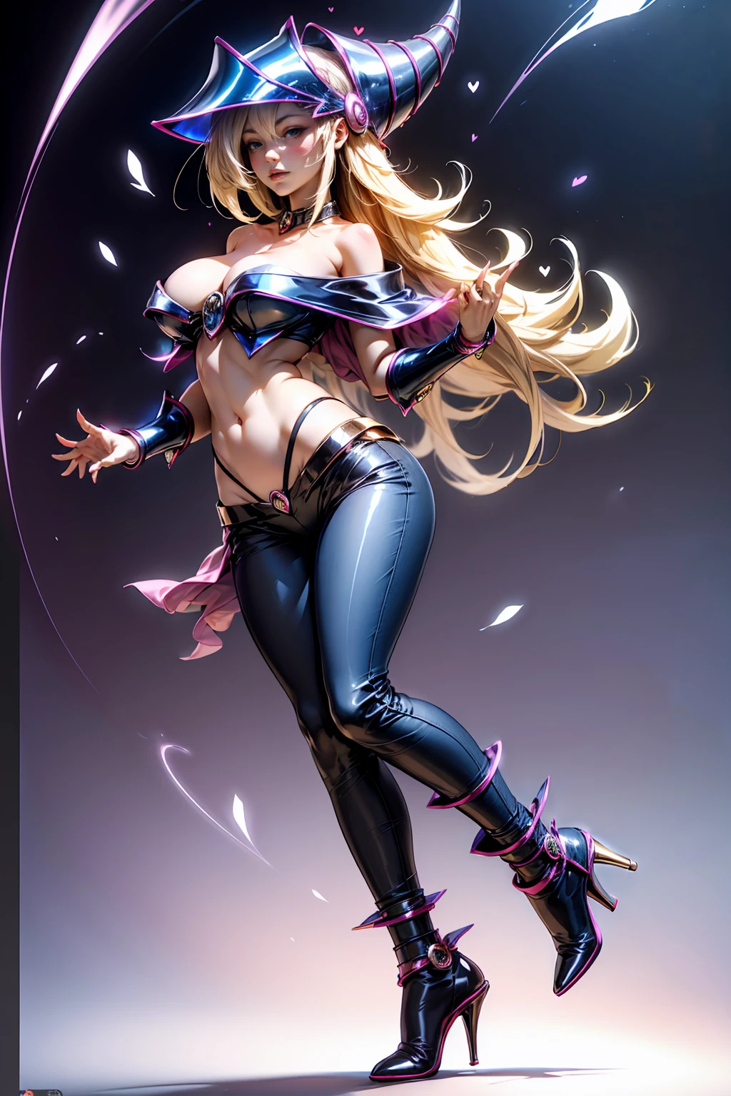 dark magician gils, with high-heels. pants, sexy, Subjective and sensual pose. magic background. Magical heart in the air. magic circle