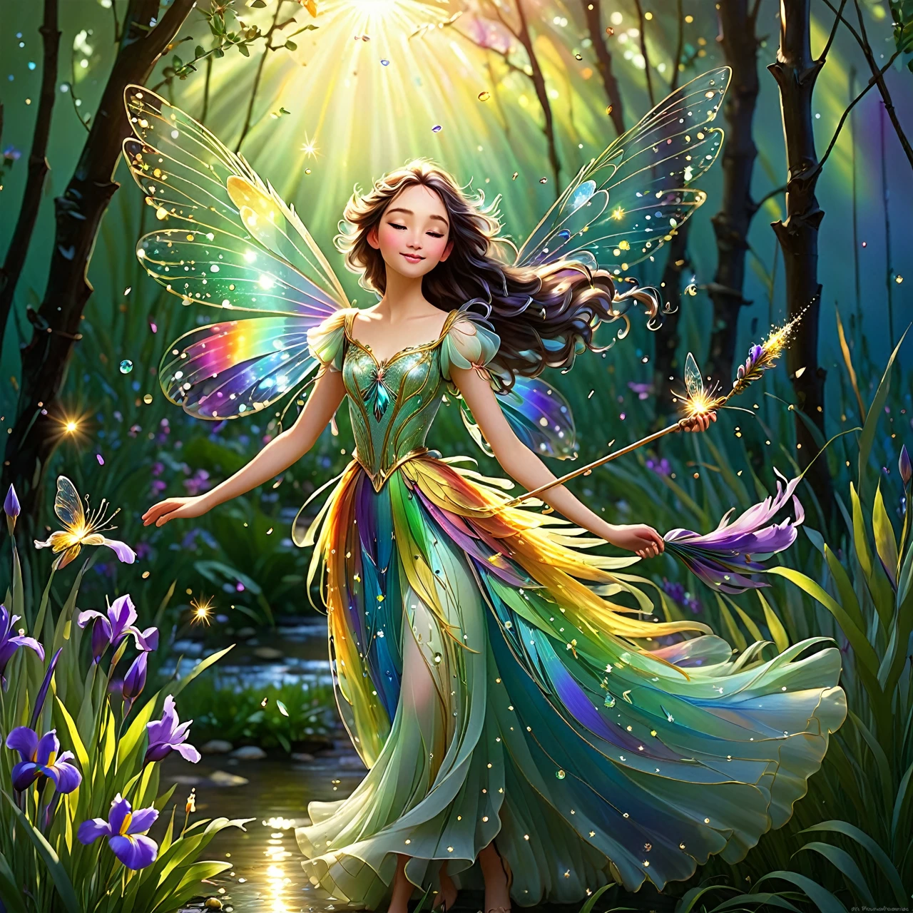 woven from moonlight and floral scent.
* Her transparent wings, as if woven from iris petals, twinkle in the sun, reflecting all the colors of the rainbow.
* She holds a magic wand in her hands, decorated with a scattering of diamonds, which emits magical sparks.
* Weightless, like a feather, she flutters over a field of flowers, оставляя за собой trail of shining pollen.
* The fairy's laughter is like the babbling of a stream, and her smile can warm even the gloomiest heart.
* Она - keeper of nature's secrets, and only a select few will be lucky enough to see her dance.
p.s.
* Added comparisons: "словно woven from moonlight and floral scent", "as if woven from iris petals", "unlike anything on earth".
* Made the description more poetic: "dance with the wind", "trail of shining pollen", "The murmur of the stream", "keeper of nature's secrets".
* Description shortened by 20 words.