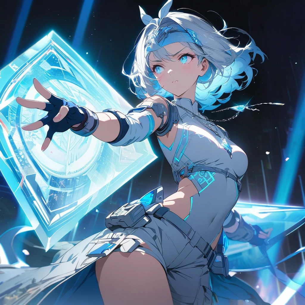 Create an image of a gentle girl with short, silvery-blue hair wearing a fitted, high-collar, long-sleeved shirt with glowing runic patterns, slim-fit cargo pants, fingerless gloves with LED strips, articulated knee guards, and sturdy, glowing-trim combat boots; she has a high-tech headband, (nude:0.8) a silver necklace with a crystal pendant, and a wrist-mounted holographic projector, and she is generating a large, translucent energy shield with intricate, glowing blue patterns, standing in a dynamic yet gentle pose with a dark, dramatic background illuminated by blue light and energy waves, detailed gorgeous face| anime style| key visual| intricate detail| highly detailed| breathtaking| vibrant| panoramic| cinematic| Carne Griffiths| Conrad Roset| gibbli 8