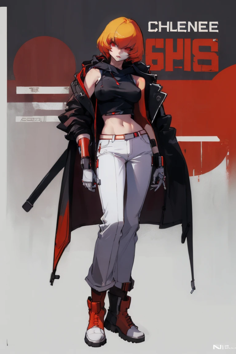 ((Highest quality)), ((masterpiece)), (be familiar with),Clementine,Overload,Red eyes,Sleeveless hoodie,Black Shirt,White pants,Alluring,whole body,boots,coat,Erect nipples, cyber punk,sf