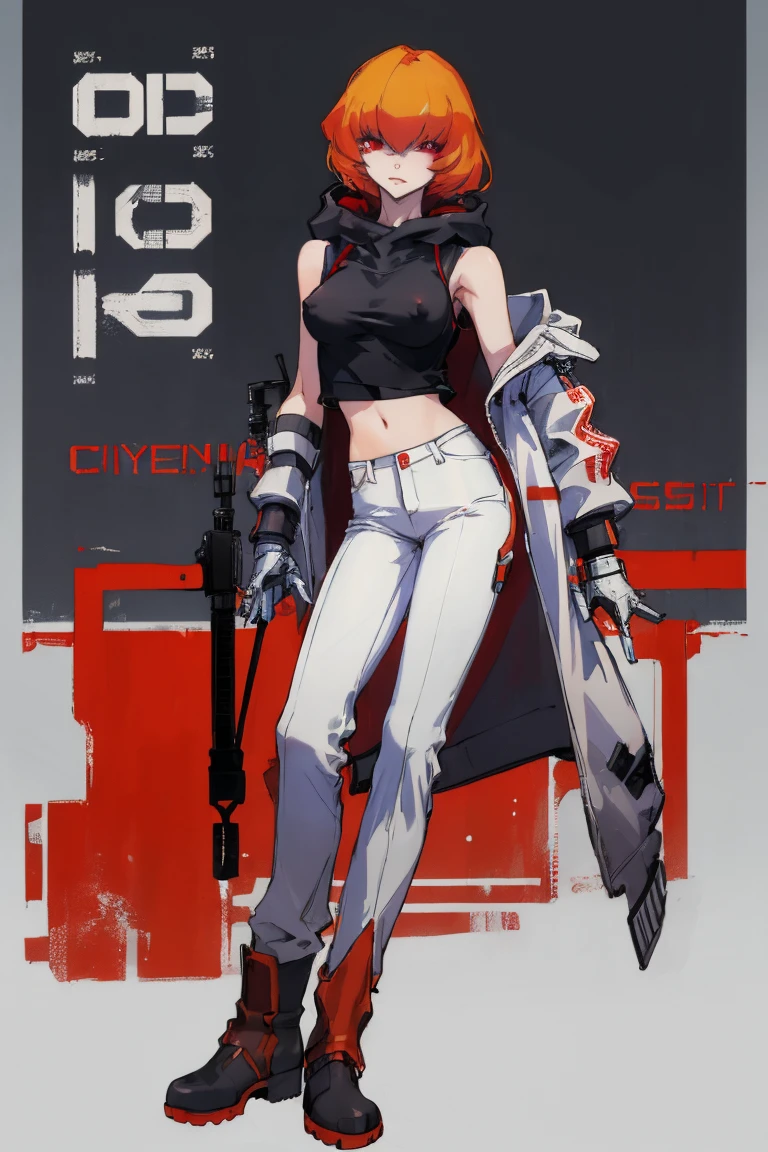 ((Highest quality)), ((masterpiece)), (be familiar with),Clementine,Overload,Red eyes,Sleeveless hoodie,Black Shirt,White pants,Alluring,whole body,boots,coat,Erect nipples, cyber punk,sf