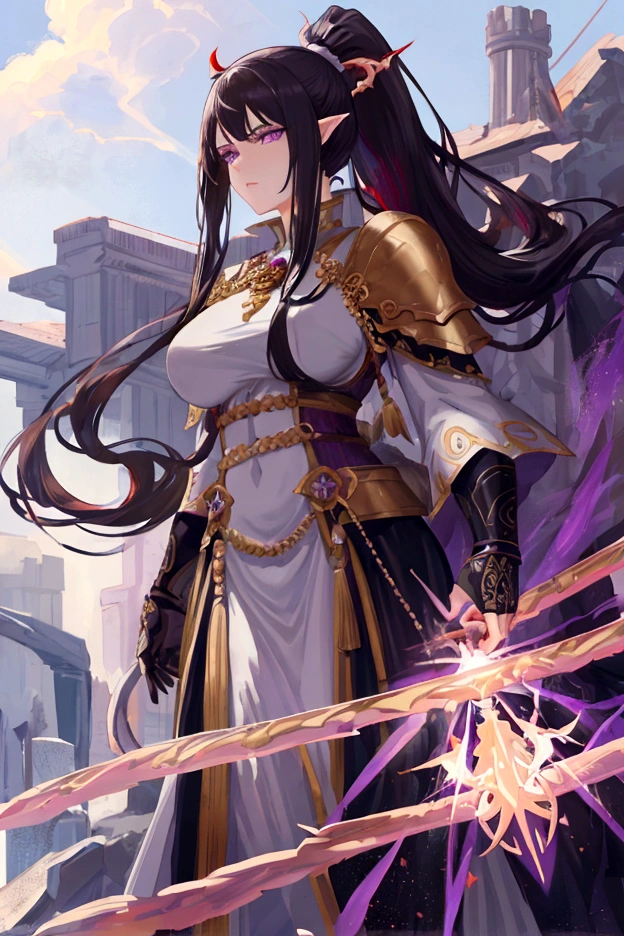 An adult tall woman, a war goddess, black hair with gray streaks, high ponytail, purple eyes, dragon horns and tail, divine light, muscular physique, white divine clothes, indifferent gaze, armor elements, lipstick