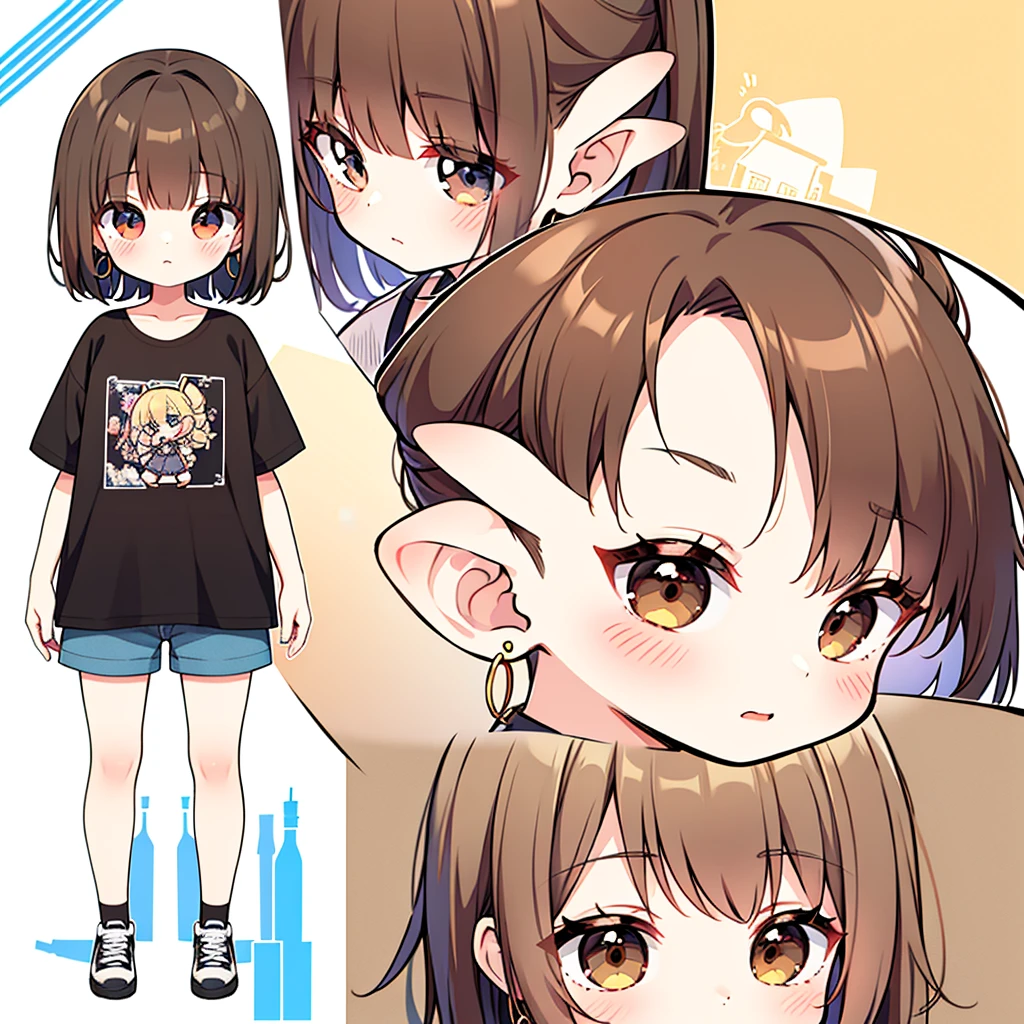 (((chibi))) 1girl, eyes browns, (Short brown hair), (Short brown hair cacheado), black jersey, shorts curto, gold hoop earrings, lineart, best qualityer, best details, better art, best colors, Full HD, work of art, illustration, standing alone, good anatomy