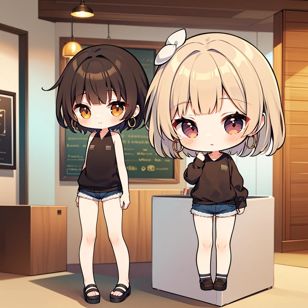 (((chibi))) 1girl, eyes browns, (Short brown hair), (Short brown hair cacheado), black jersey, shorts curto, gold hoop earrings, lineart, best qualityer, best details, better art, best colors, Full HD, work of art, illustration, standing alone, good anatomy