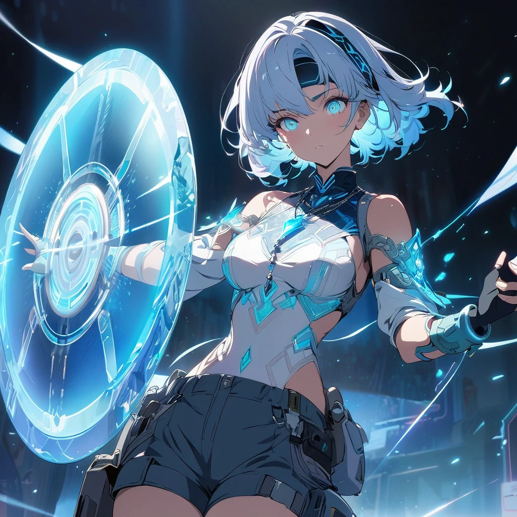 Create an image of a gentle girl with short, silvery-blue hair wearing a fitted, high-collar, long-sleeved shirt with glowing runic patterns, slim-fit cargo pants, fingerless gloves with LED strips, articulated knee guards, and sturdy, glowing-trim combat boots; she has a high-tech headband, (nude:0.8) a silver necklace with a crystal pendant, and a wrist-mounted holographic projector, and she is generating a large, translucent energy shield with intricate, glowing blue patterns, standing in a dynamic yet gentle pose with a dark, dramatic background illuminated by blue light and energy waves, detailed gorgeous face| anime style| key visual| intricate detail| highly detailed| breathtaking| vibrant| panoramic| cinematic| Carne Griffiths| Conrad Roset| gibbli 8