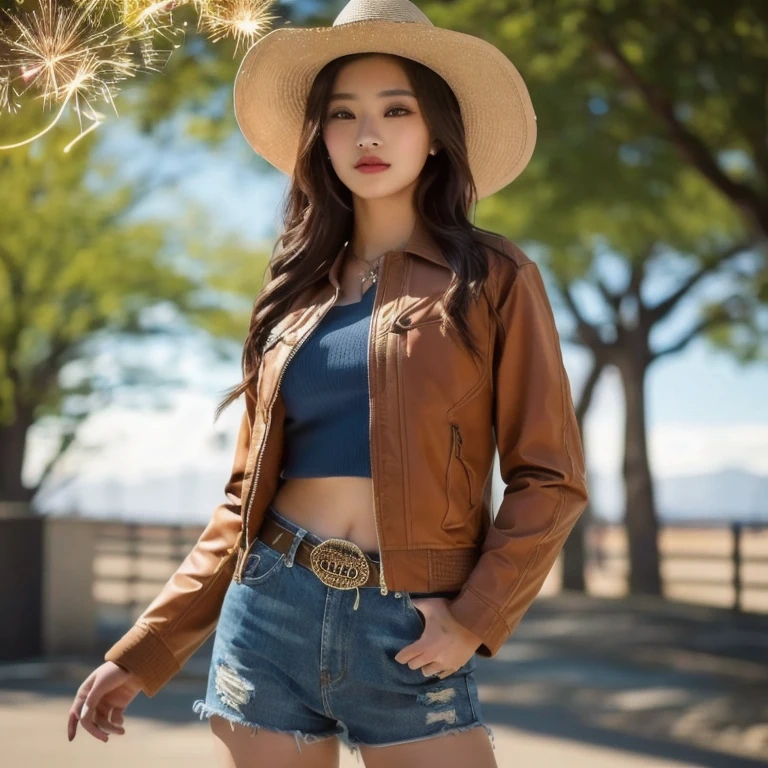 araffed woman with a tattoo on her chest and a หนัง jacket, very aesthetic หนัง jacket, wearing cyberpunk หนัง jacket, หนัง, brown หนัง jacket, in a brown หนัง maxi jacket, wearing a brown หนัง coat, she wears หนัง jacket, short brown หนัง jacket, หนัง jacket, หนัง clothes, นางแบบแฟชั่นผู้หญิงเกาหลี, หนัง clothing, โมเดลจีนที่งดงาม