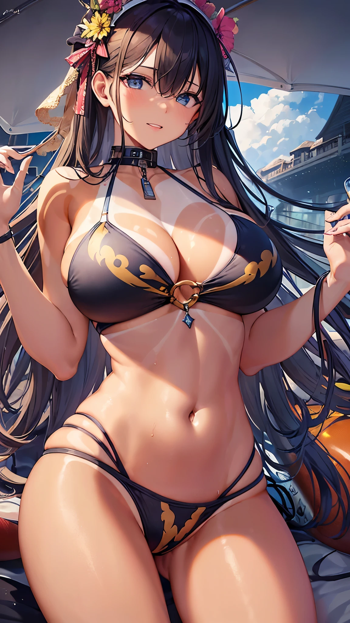 ((Highest quality)),(Ultra-high resolution),(Ultra-detailed new),(Detailed Description),((The best CG)),(masterpiece),Highly detailed art,A wonderful new art form,(Art with precise details:1.5), (((Woman in bikini swimsuit:1.6))),(Cleavage:1.5),((Swimsuit tan lines:1.5))