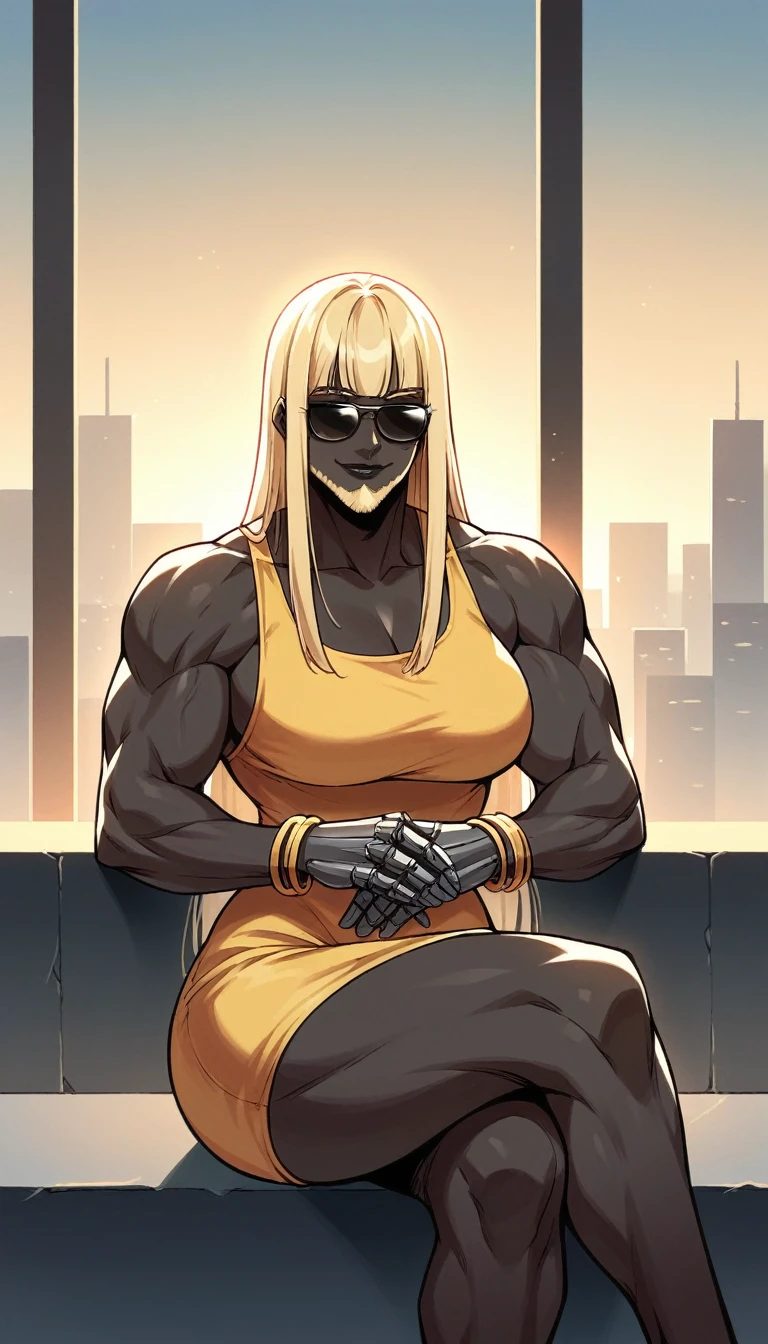 black buff strong woman character, muscle arms, muscle body, buff body, tall woman, black skin, full black skin, strong arms, long fringe hair, blonde hair, blonde fringe hair, fringe hair, scales in body, black lips, milf, black and golden dress, golden details, golden bracelets, smile, sit, crossed legs, morning, city, golden chocker, huging with a mature man, white long hair, white beard, robotic arms, black shirt, sunglasses
