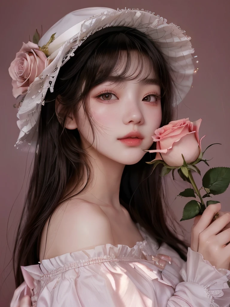 there is a woman with a hat and a rose in her hand, ulzzang, guweiz, aesthetic portrait, lovely delicate face, artwork in the style of guweiz, 🤤 girl portrait, rosy cheeks, kawaii realistic portrait, popular south korean makeup, with cute - fine - face, lolita style, young adorable korean face, korean girl