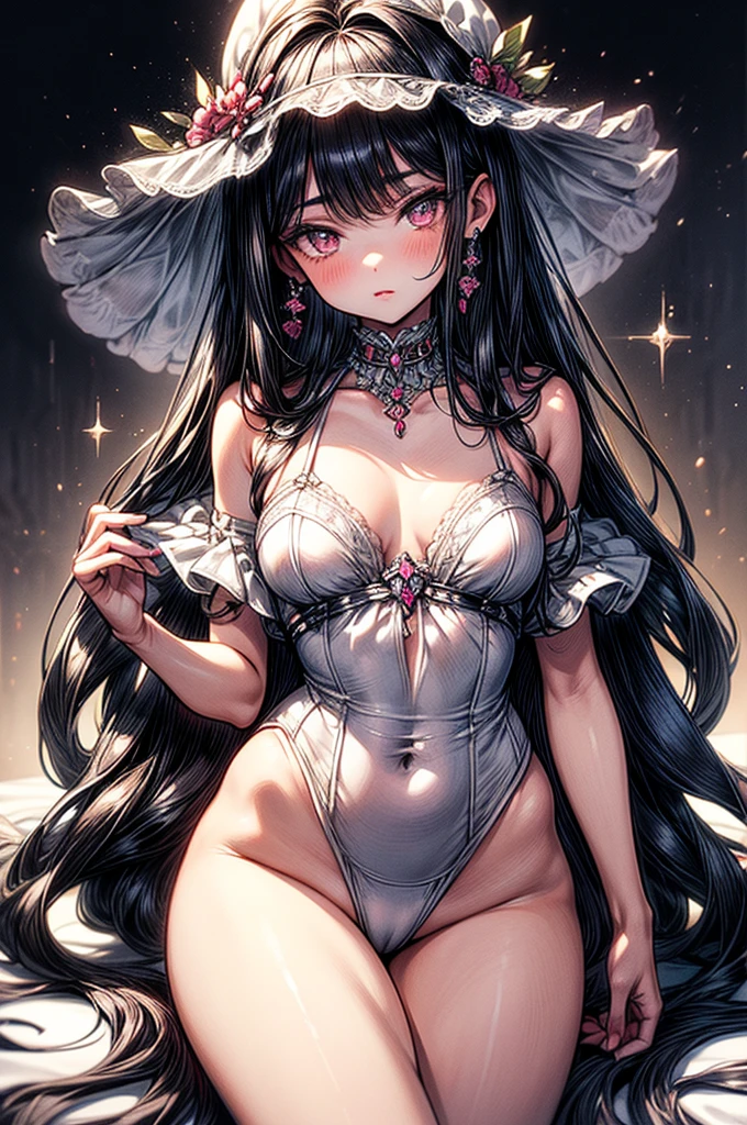 masterpiece, best quality, high-resolution, finely detailed, extremely detailed and beautiful, distinct image, 1 girl, solo, beautiful young age girl, 13 ynned white skin, silky thigh-length negligee, short shoulder length hair, sleek dark violet-black hair, big round velvet colored eyes, fringe bangs over forehead, oval shaped face, sharp facial features, high-bridged nose, full cherry pink lips. medium height(172cm). D-cup breasts, small narrow waist. small delicate curvy hips, large round ass, hourglass figure, slender and slim build