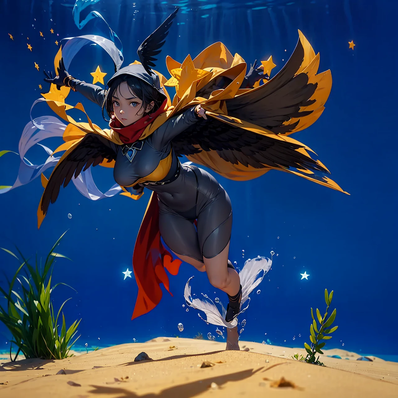 dark angel wings, dark grey skin, flying, cloak with stars, underwater