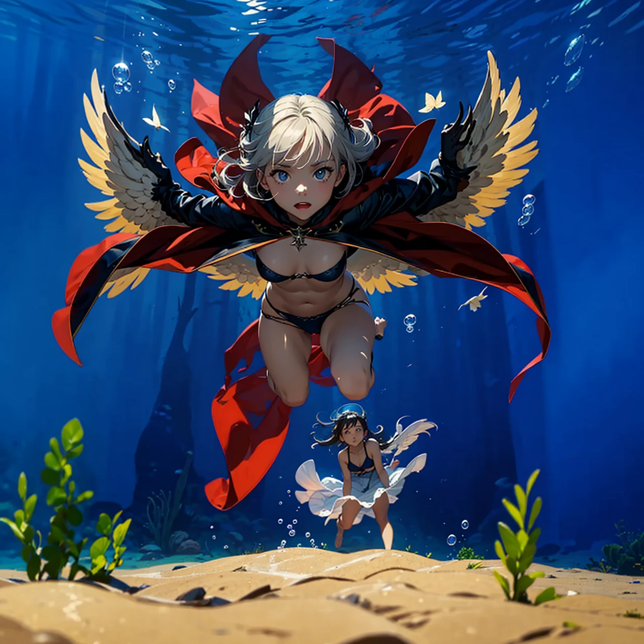 dark angel wings, dark grey skin, flying, cloak with stars, underwater