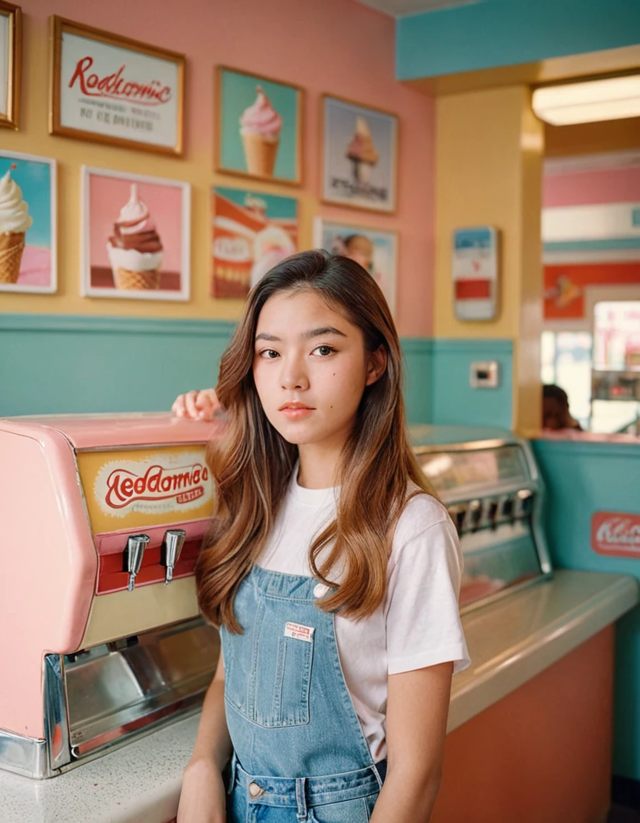 Portrait MagMix Girl looking at the camera, Long Hair, T-shirt,jeans, A retro ice cream shop with pastel-colored walls, Classic Soda Fountain Counter, Vintage ice cream poster, bathed in warm sunlight, Analog Film Photography, Kodachrome.