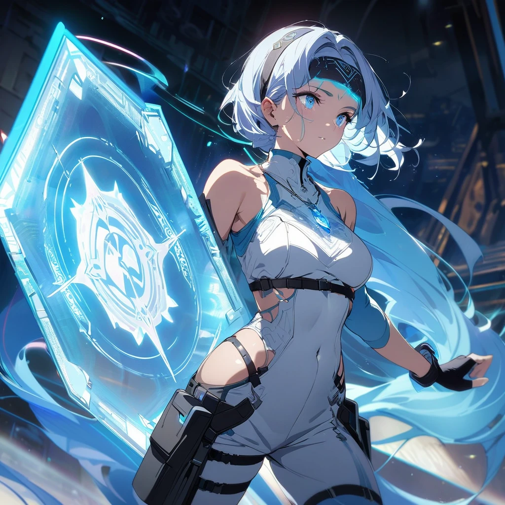 Create an image of a gentle girl with short, silvery-blue hair wearing a fitted, high-collar, long-sleeved shirt with glowing runic patterns, slim-fit cargo pants, fingerless gloves with LED strips, articulated knee guards, and sturdy, glowing-trim combat boots; she has a high-tech headband, (nude:0.8) a silver necklace with a crystal pendant, and a wrist-mounted holographic projector, and she is generating a large, translucent energy shield with intricate, glowing blue patterns, standing in a dynamic yet gentle pose with a dark, dramatic background illuminated by blue light and energy waves, detailed gorgeous face| anime style| key visual| intricate detail| highly detailed| breathtaking| vibrant| panoramic| cinematic| Carne Griffiths| Conrad Roset| gibbli 8