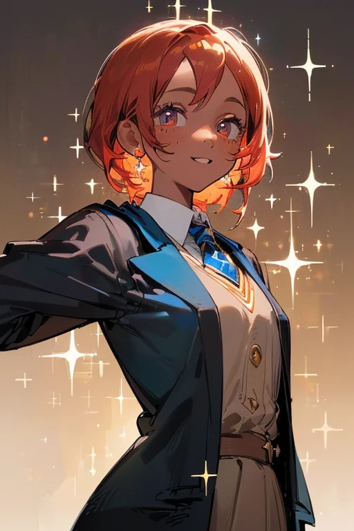 ((, Masterpiece: 1.5, best quality, high resolution: 1.3, super resolution, super detailed, ultra detailed: 1.3, Perfect Anatomy:1.5, 1 woman ) dark skin + strawberry hair + dark eyes + long eyelashes + female figure + freckled cheeks (hogwarts uniform, ravenclaw colors) ((adorable open eyes, friendly cute expression, sparkle in eyes))