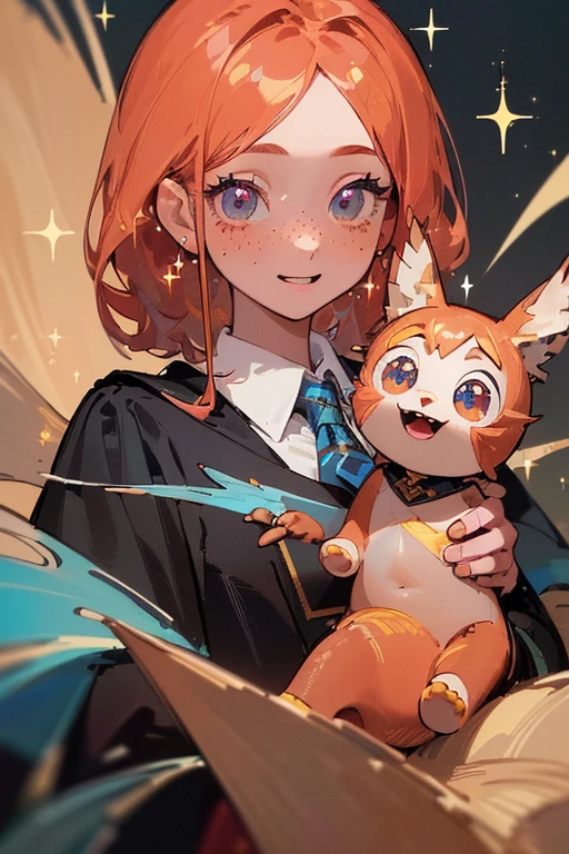 ((, Masterpiece: 1.5, best quality, high resolution: 1.3, super resolution, super detailed, ultra detailed: 1.3, Perfect Anatomy:1.5, 1 woman ) dark skin + strawberry hair + dark eyes + long eyelashes + female figure + freckled cheeks (hogwarts uniform, ravenclaw colors) ((adorable open eyes, friendly cute expression, sparkle in eyes))