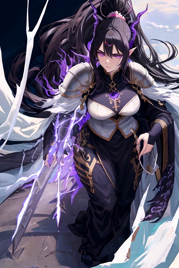 An adult tall woman, a war goddess, black hair with gray streaks, high ponytail, purple eyes, dragon horns and tail, divine light, muscular physique, open white divine clothes, indifferent gaze, armor elements, lipstick